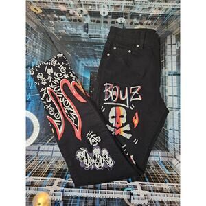 High Street Jeans Men's 30x28 Black Graffiti Print Ripped Flat Front Straight